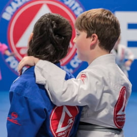 Kids ages 7 to 13 training in Gi during the Juniors Brazilian Jiu-Jitsu class at Gracie Barra Seminole in Longwood